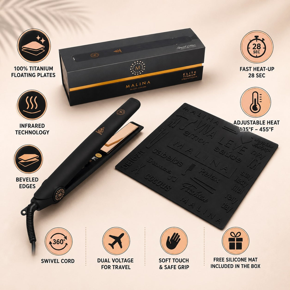 Malina Titanium Elite Hair Straightener Black