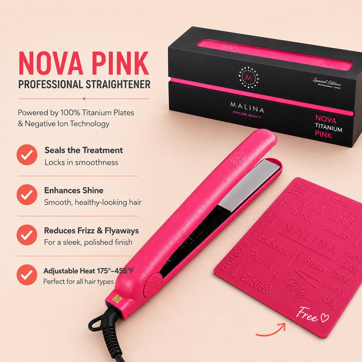 Malina Nova Titanium Hair Straightener Pink