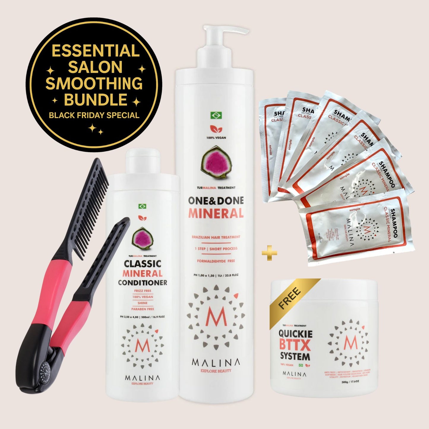 Malina One & Done Treatment, 1L and  Conditioner , BTTX 500mg, Pro Comb & 6 Shampoo packets SPECIAL