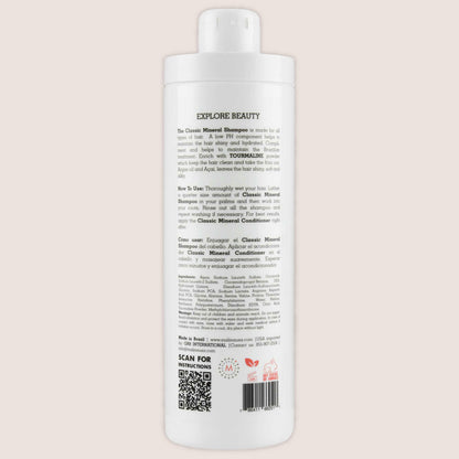 Back view of Malina Classic Mineral Shampoo bottle, showing ingredients and usage instructions.