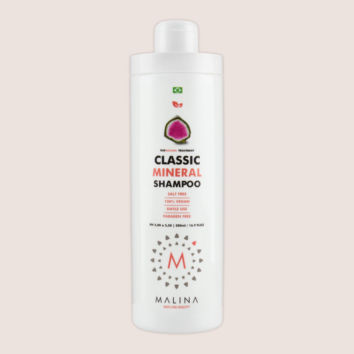 Front view of Malina Classic Mineral Shampoo bottle, vegan and cruelty-free formula.