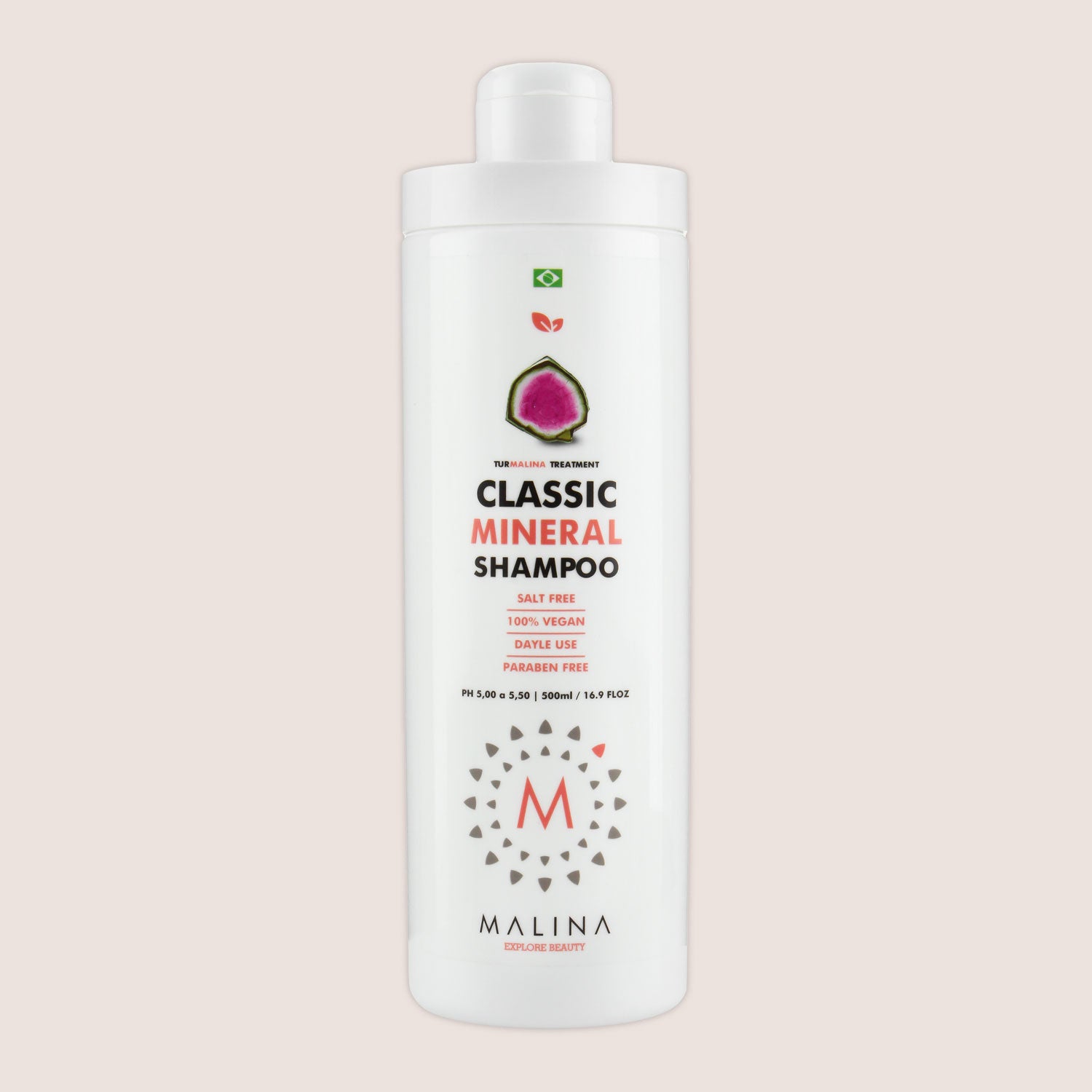 Front view of Malina Classic Mineral Shampoo bottle, vegan and cruelty-free formula.