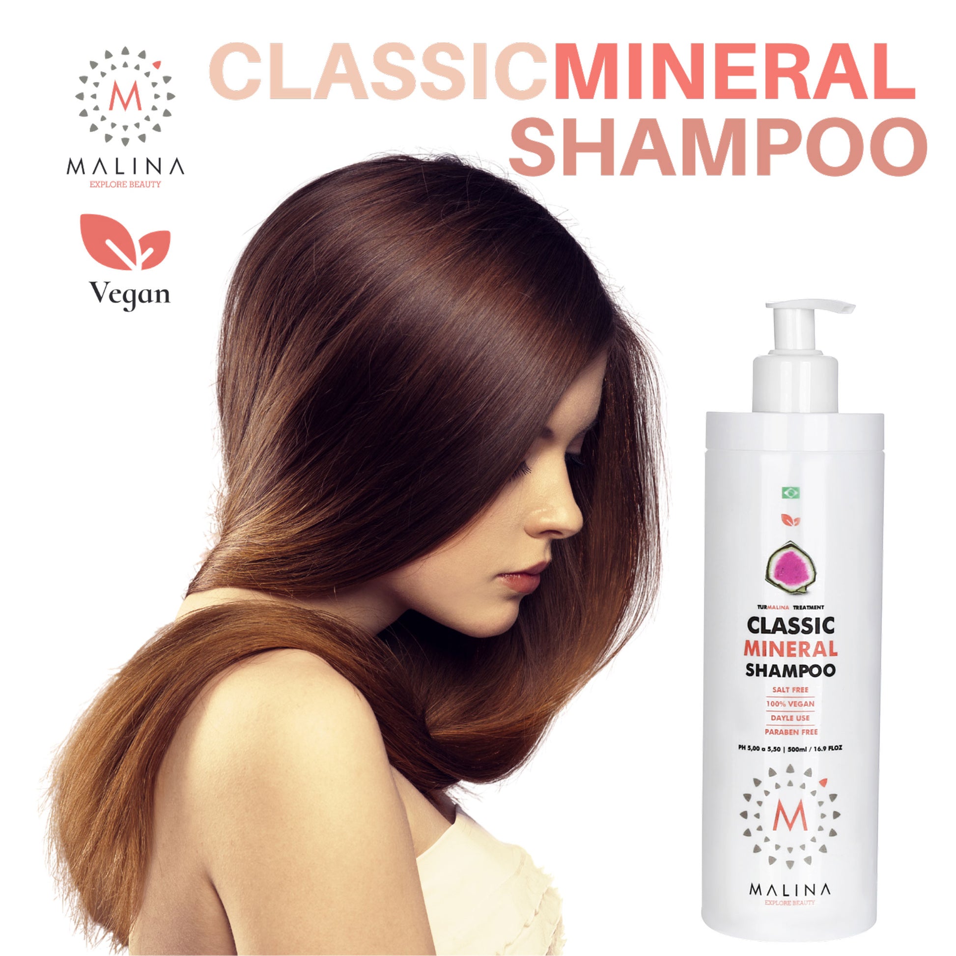 Model with smooth hair showcasing the benefits of Malina Classic Mineral Shampoo.