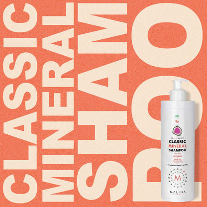 Promotional poster for Malina Classic Mineral Shampoo highlighting vegan, mineral-based formula with bold typography and bottle image.