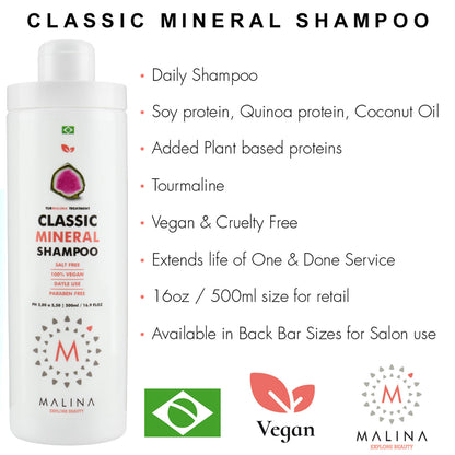 Malina Classic Mineral Shampoo product details highlighting daily use benefits, vegan and cruelty-free formula, soy protein, quinoa protein, coconut oil, and tourmaline. Suitable for retail and salon use, extends the life of hair treatments.