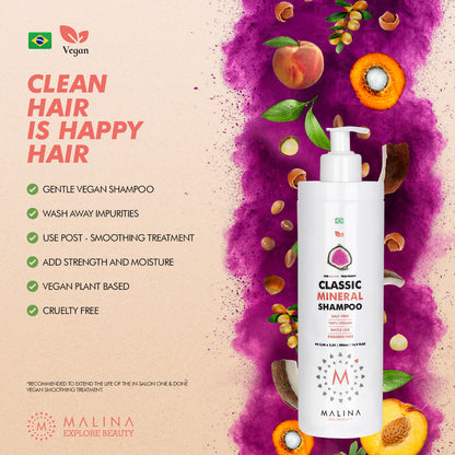 Promotional poster for Malina Classic Mineral Shampoo highlighting natural ingredients and vegan benefits.