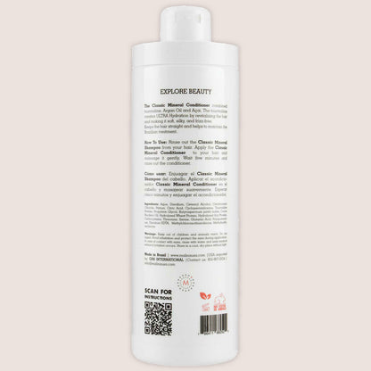 Back view of Malina Classic Mineral Conditioner bottle, showing product description, ingredients, and instructions for use.