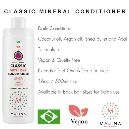 Malina Classic Mineral Conditioner benefits overview, highlighting daily use, vegan and cruelty-free formula, coconut oil, argan oil, shea butter, and tourmaline for frizz control and hair strength.