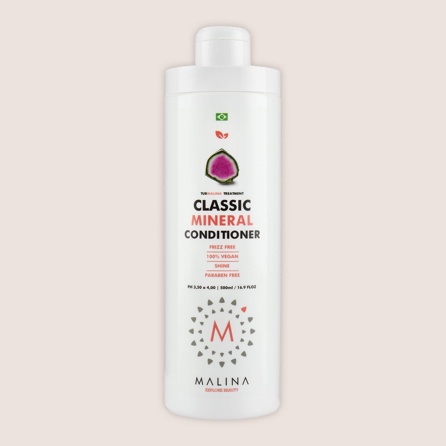 Front view of Malina Classic Mineral Conditioner bottle, highlighting frizz-free, 100% vegan, and paraben-free properties for shine and smoothness.