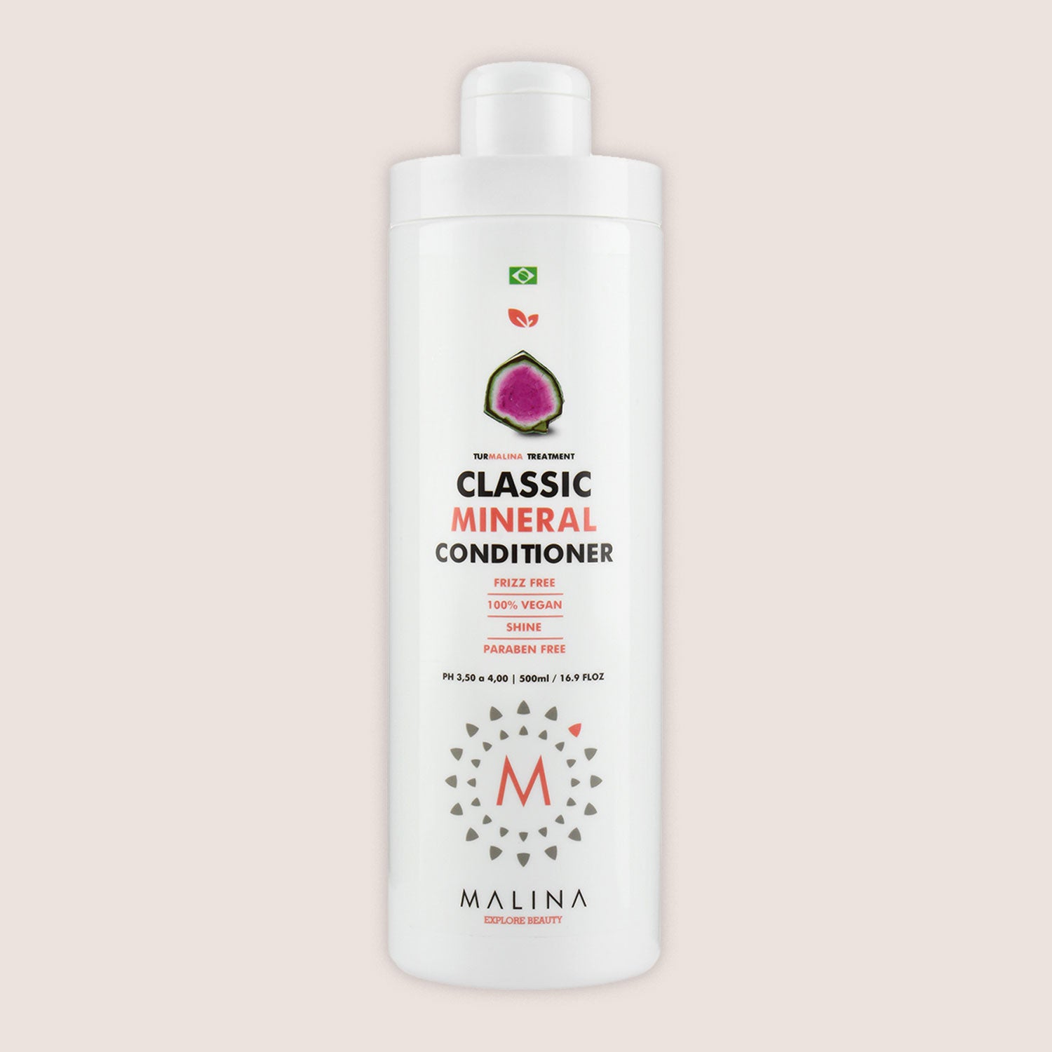 Front view of Malina Classic Mineral Conditioner bottle, highlighting frizz-free, 100% vegan, and paraben-free properties for shine and smoothness.