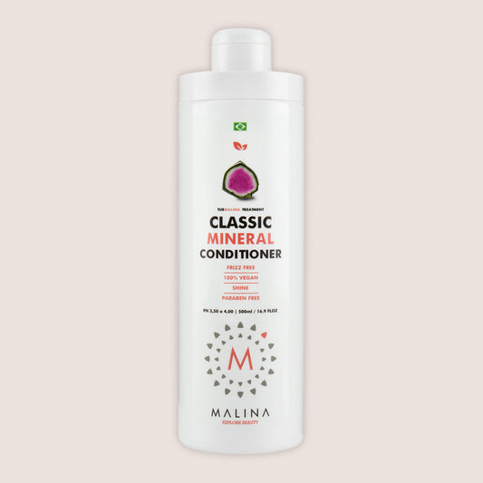 Front view of Malina Classic Mineral Conditioner bottle, highlighting frizz-free, 100% vegan, and paraben-free properties for shine and smoothness.