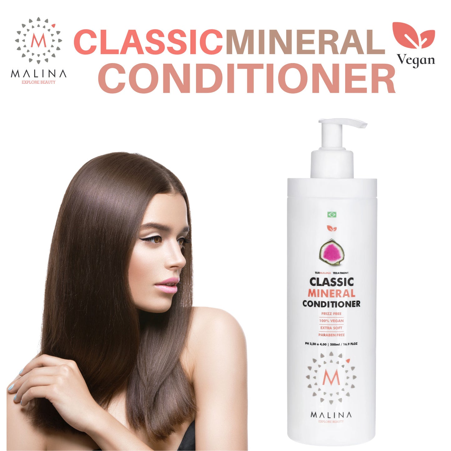 Malina Classic Mineral Conditioner with model showcasing smooth, frizz-free hair. Vegan and paraben-free formula for daily use, designed to add shine and control frizz.