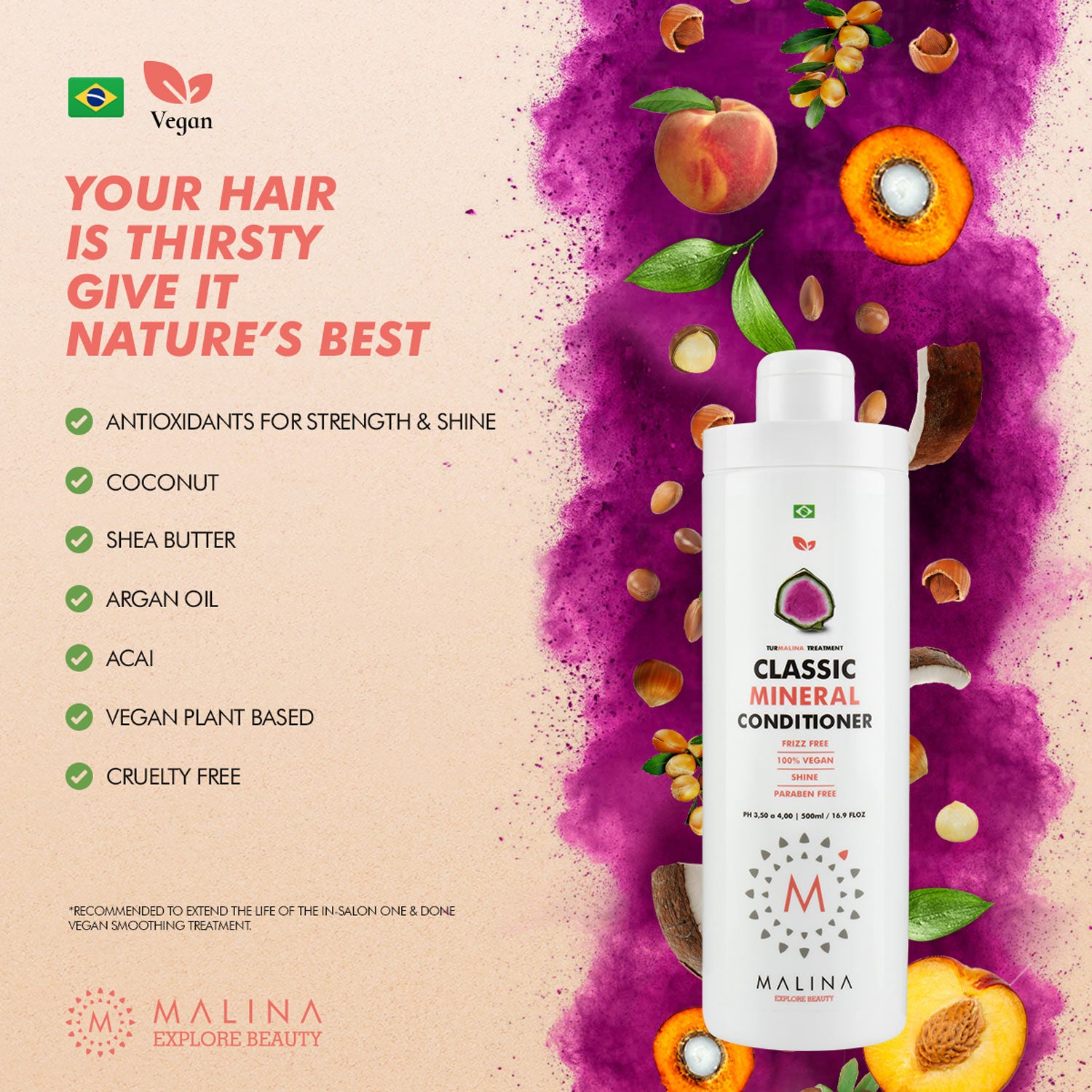 Promotional image of Malina Classic Mineral Conditioner, highlighting vegan, cruelty-free, daily use, frizz control, and antioxidant-rich formula with coconut, shea butter, argan oil, and acai.