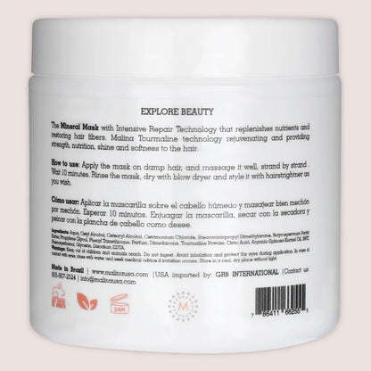 Malina Classic Mineral Mask back view, displaying product description, usage instructions, and ingredient list.