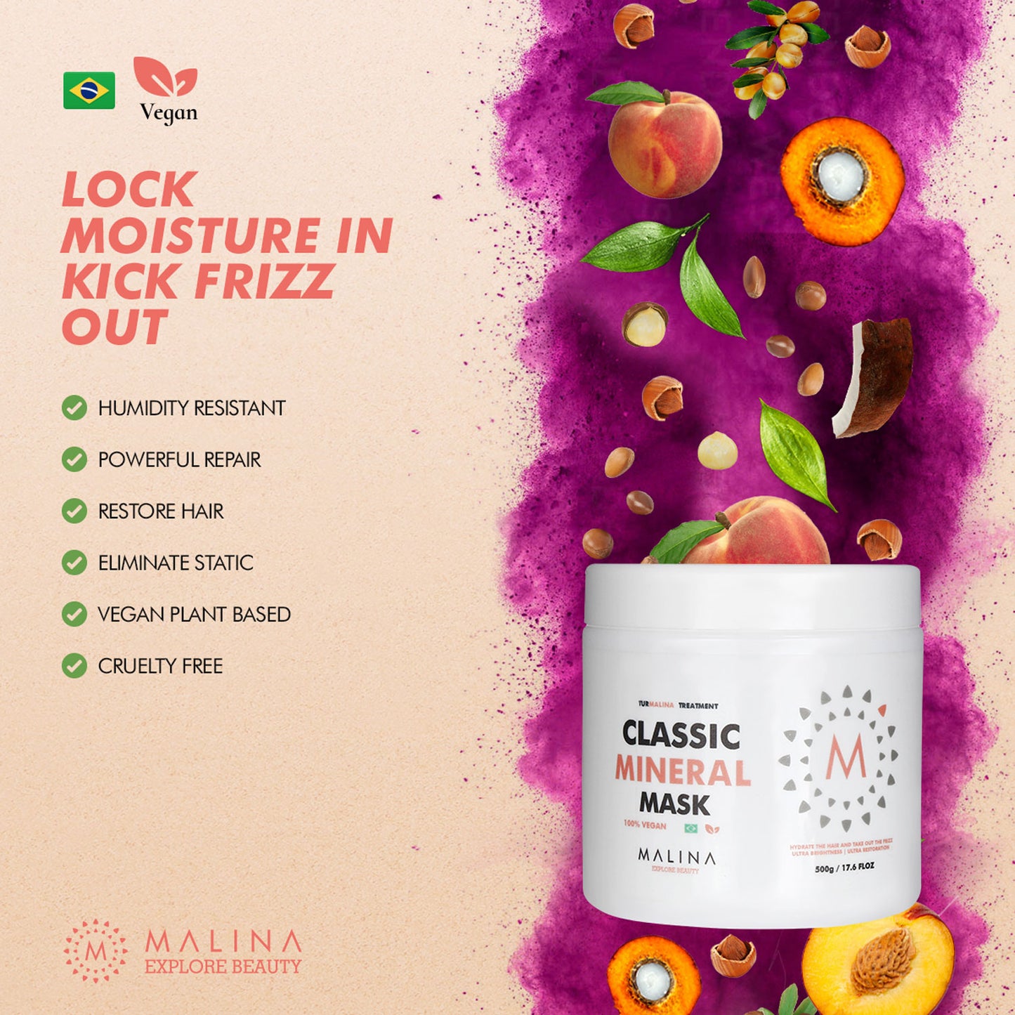 Benefits of Malina Classic Mineral Hair Mask: humidity resistance, powerful repair, hair restoration, eliminates static, vegan plant-based, and cruelty-free.