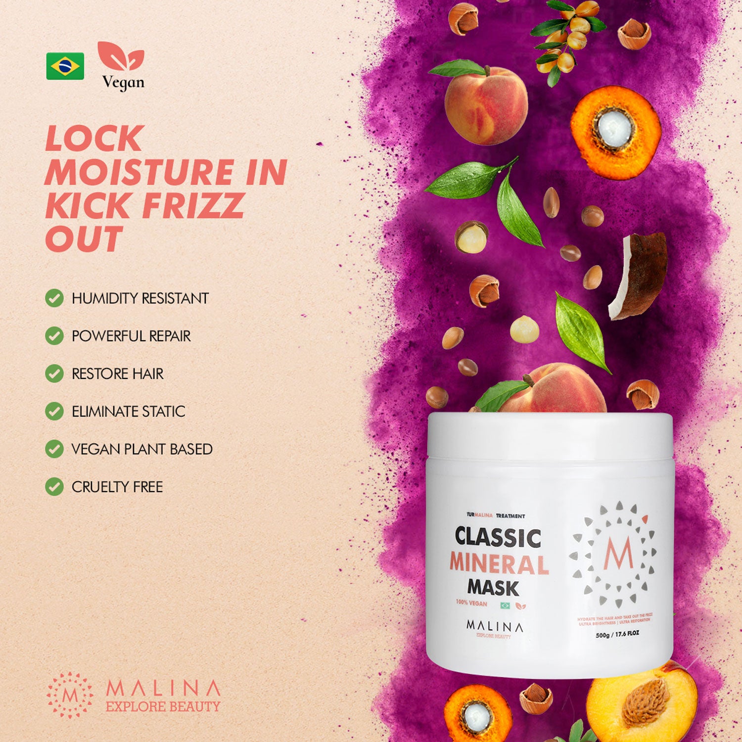 Benefits of Malina Classic Mineral Hair Mask: humidity resistance, powerful repair, hair restoration, eliminates static, vegan plant-based, and cruelty-free.