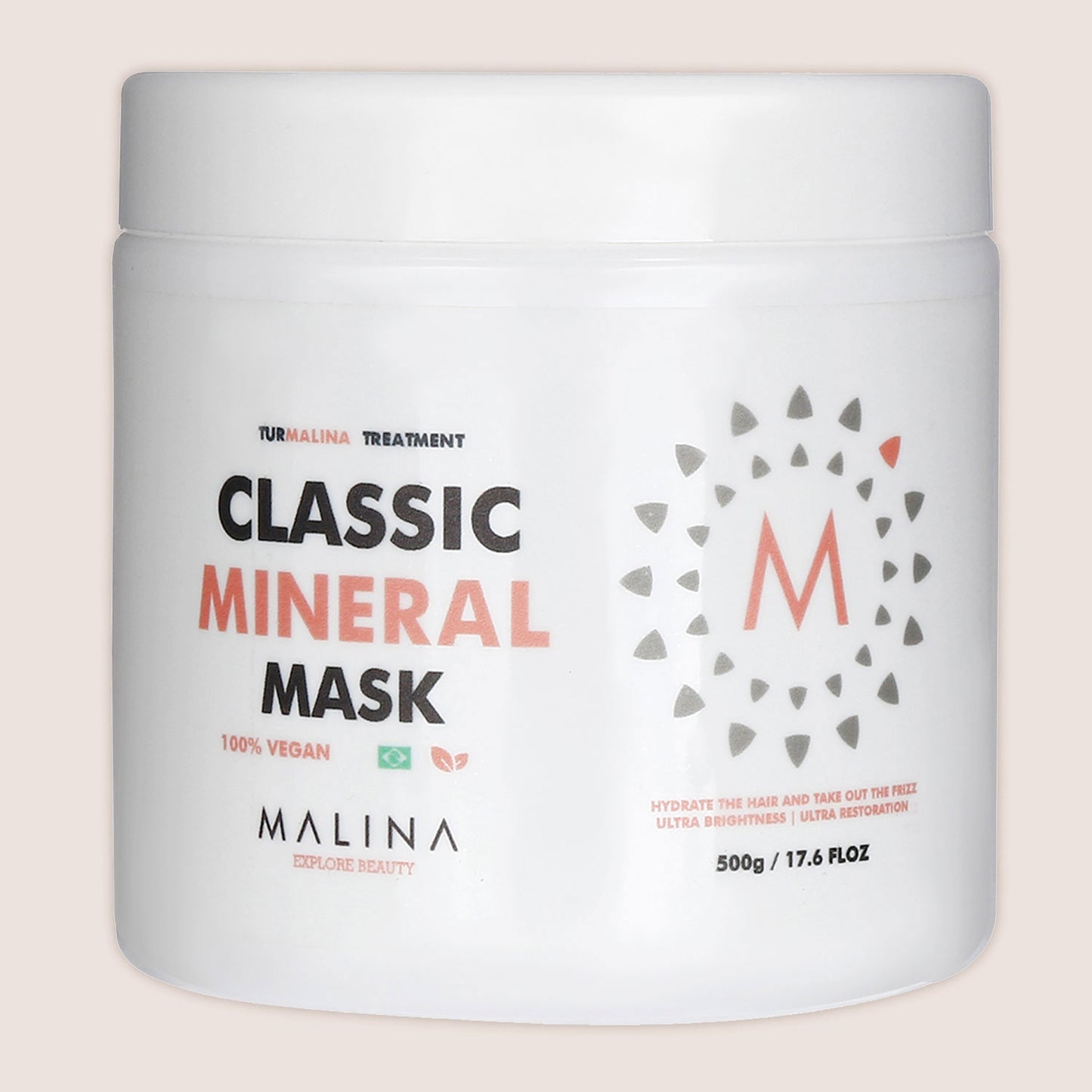 Malina Classic Mineral Mask front view, showcasing 100% vegan, frizz-control, and hydration benefits for all hair types.