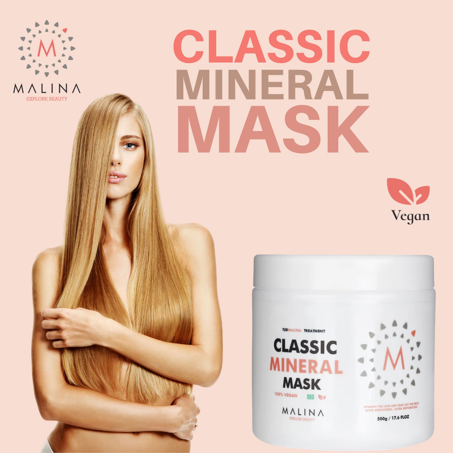 Classic Mineral Mask with Vegan Formula - Malina Classic Mineral Mask 500g jar. Suitable for deep hydration and frizz control for all hair types.