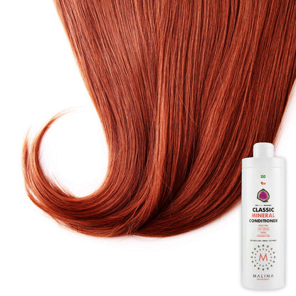 Smooth red hair after using Malina Classic Mineral Conditioner, a vegan, frizz control conditioner designed to add shine and moisture for color-treated hair.