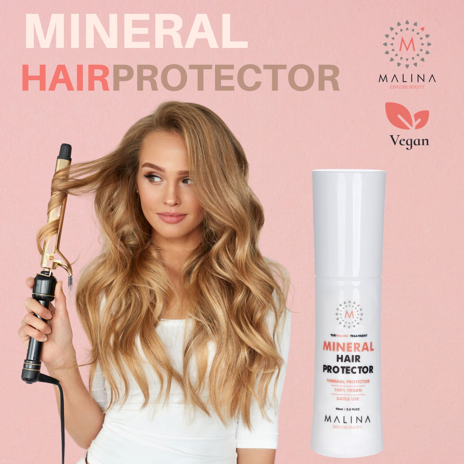 Model styling hair with Malina Hair Mineral Protector - thermal protection and vegan product