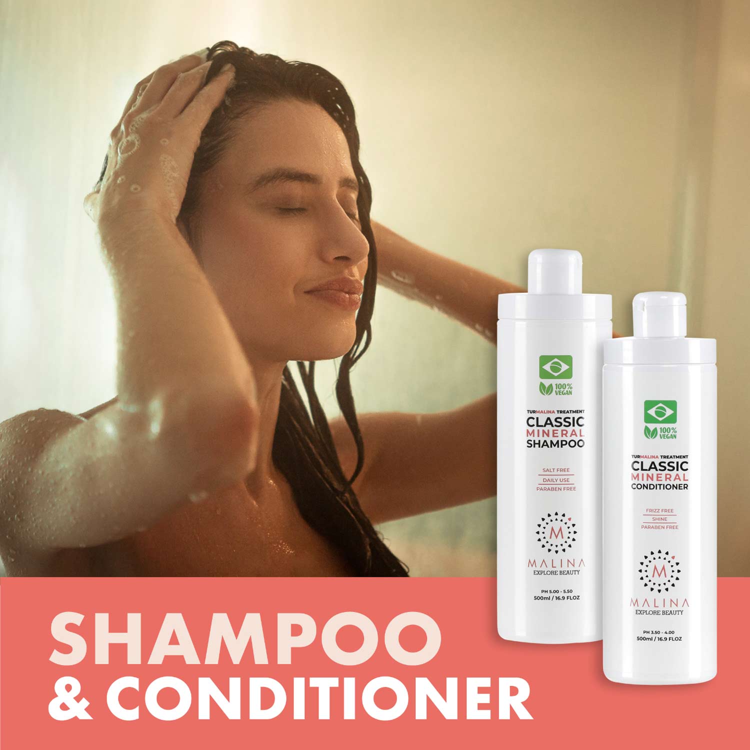 Model applying Malina Classic Mineral Shampoo and Conditioner during shower for natural and vegan haircare, ideal for daily use and frizz control.